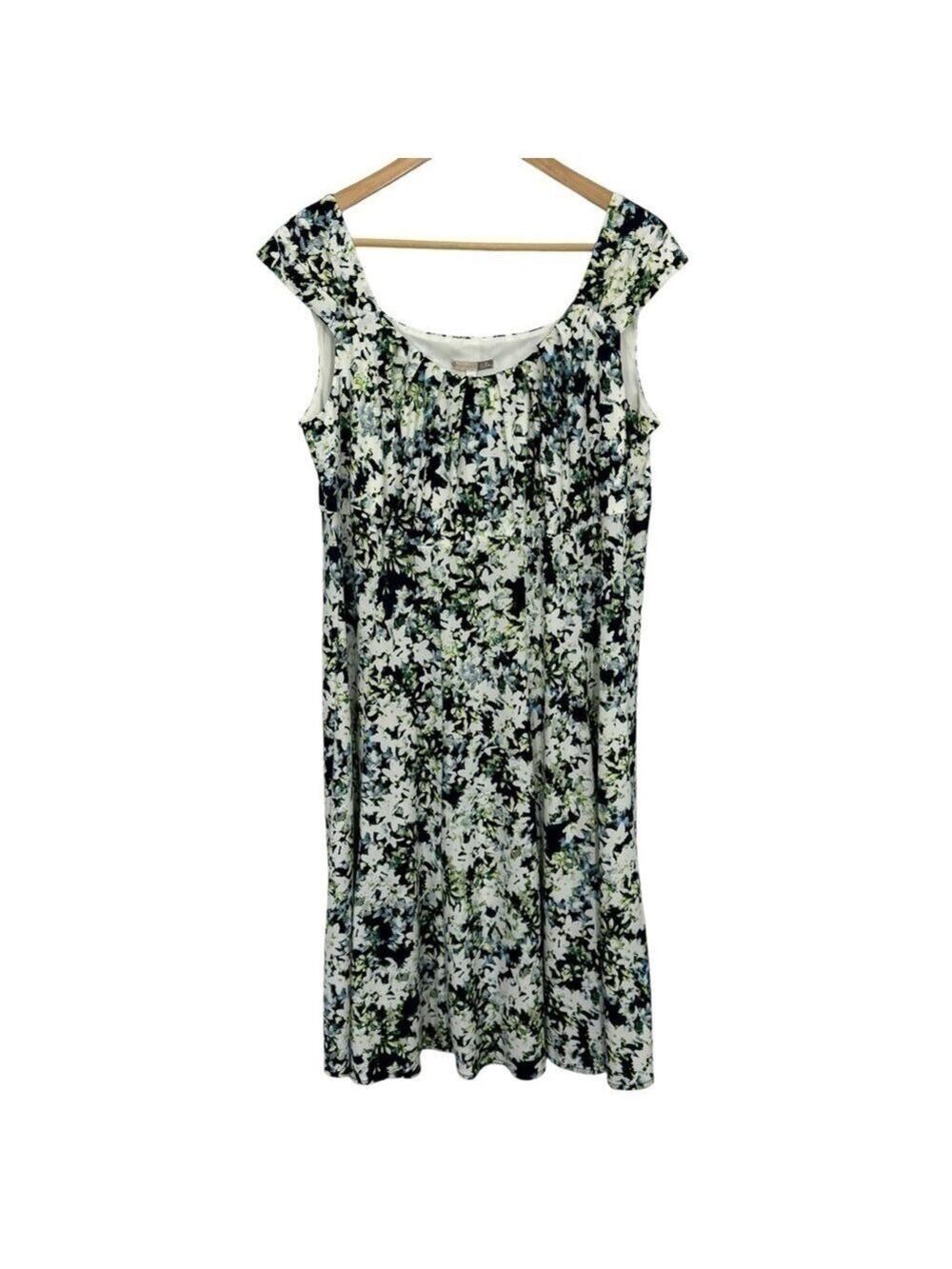Signature Ella Floral Sundress Sz 16W White Navy Green Cap Sleeve Dress EUC